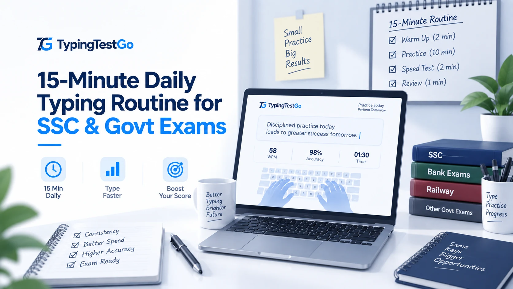 A modern study desk with laptop showing a 15-minute typing exam routine alongside practice checklist and exam books.