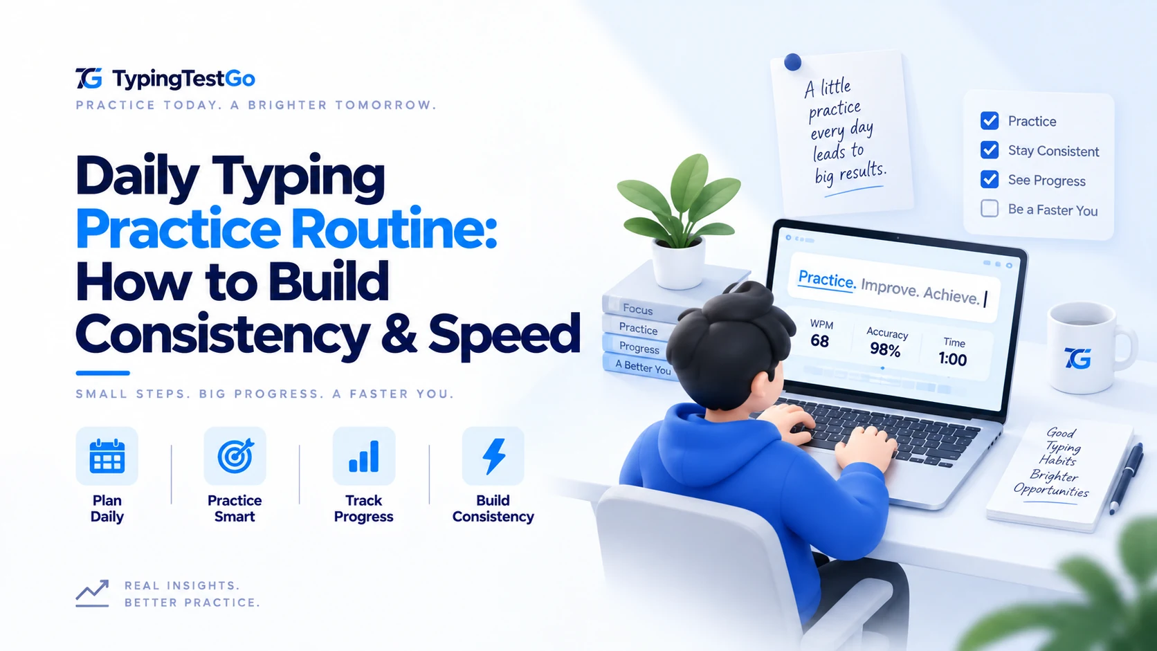 Daily typing practice routine infographic featuring a student practicing on a laptop with live WPM and accuracy metrics, habit checklists, and consistency tips.