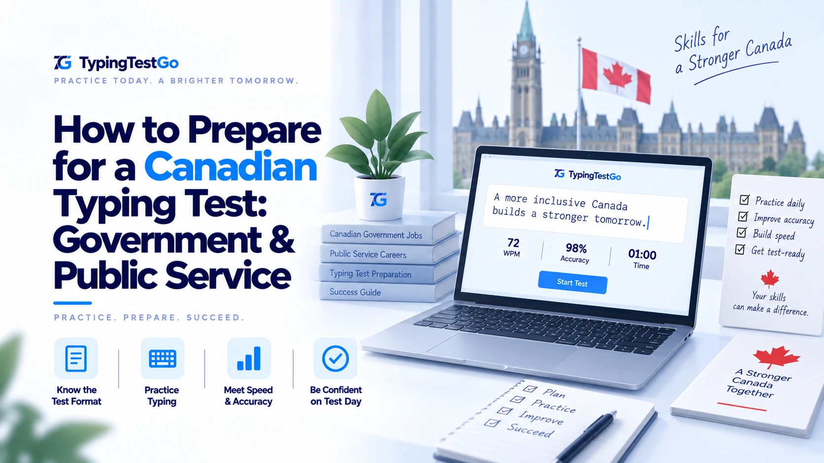 Canadian government and public service typing test guide infographic featuring Ottawa Parliament and bilingual typing exam standards.