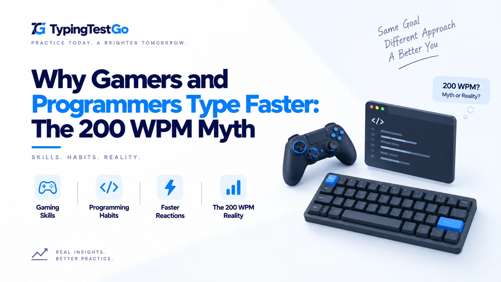Visual breakdown of gamer APM vs programmer syntax precision showing keyboard control, muscle memory, and the 200 WPM speed myth.