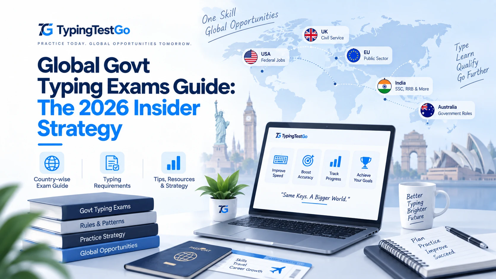 Global government typing exam standards and country speed requirements displayed with an official testing workspace.