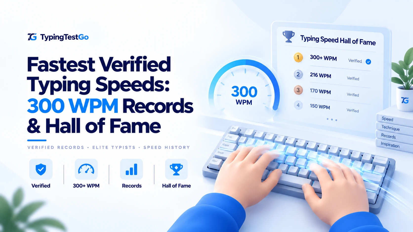 Fastest verified typing speeds hall of fame infographic featuring 300 WPM milestones, verified record tiers, and speed history.