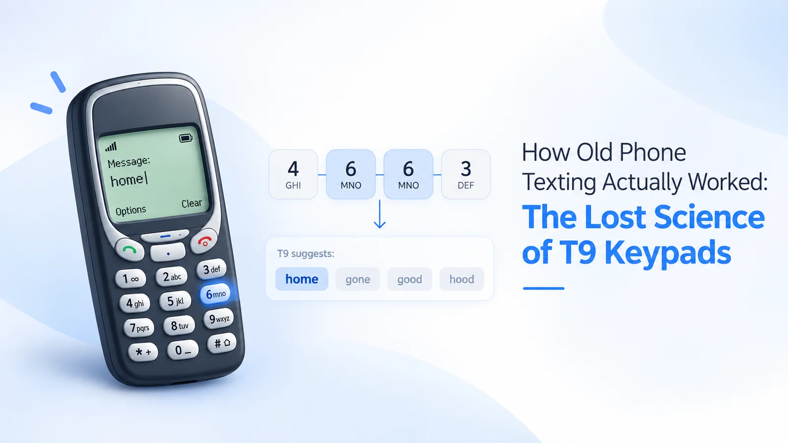 Retro Nokia flip phone with glowing T9 numeric keypad and predictive text diagram
