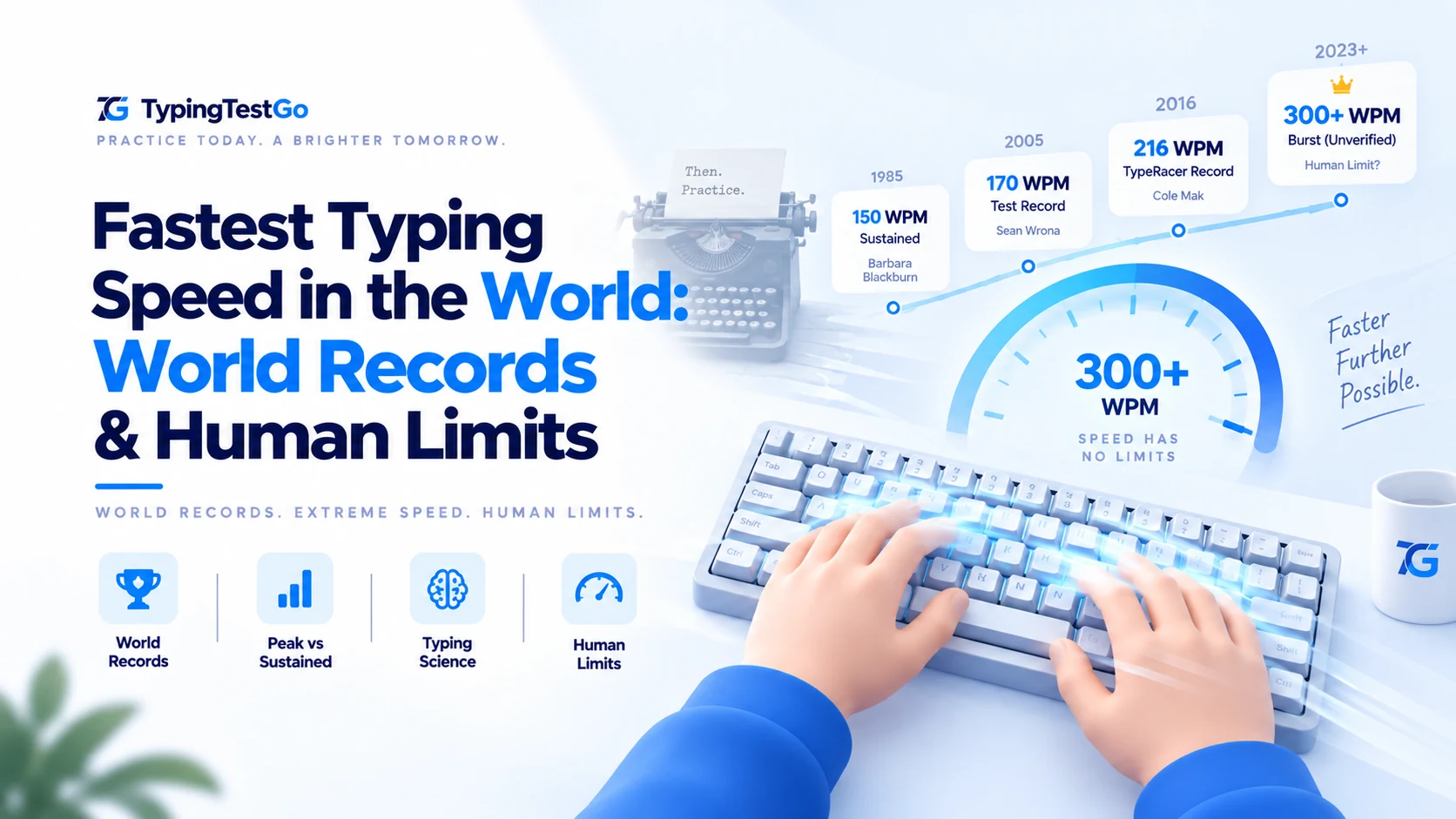 Fastest typing speed in the world timeline and human limits infographic comparing historical records from 150 WPM to 300+ WPM.