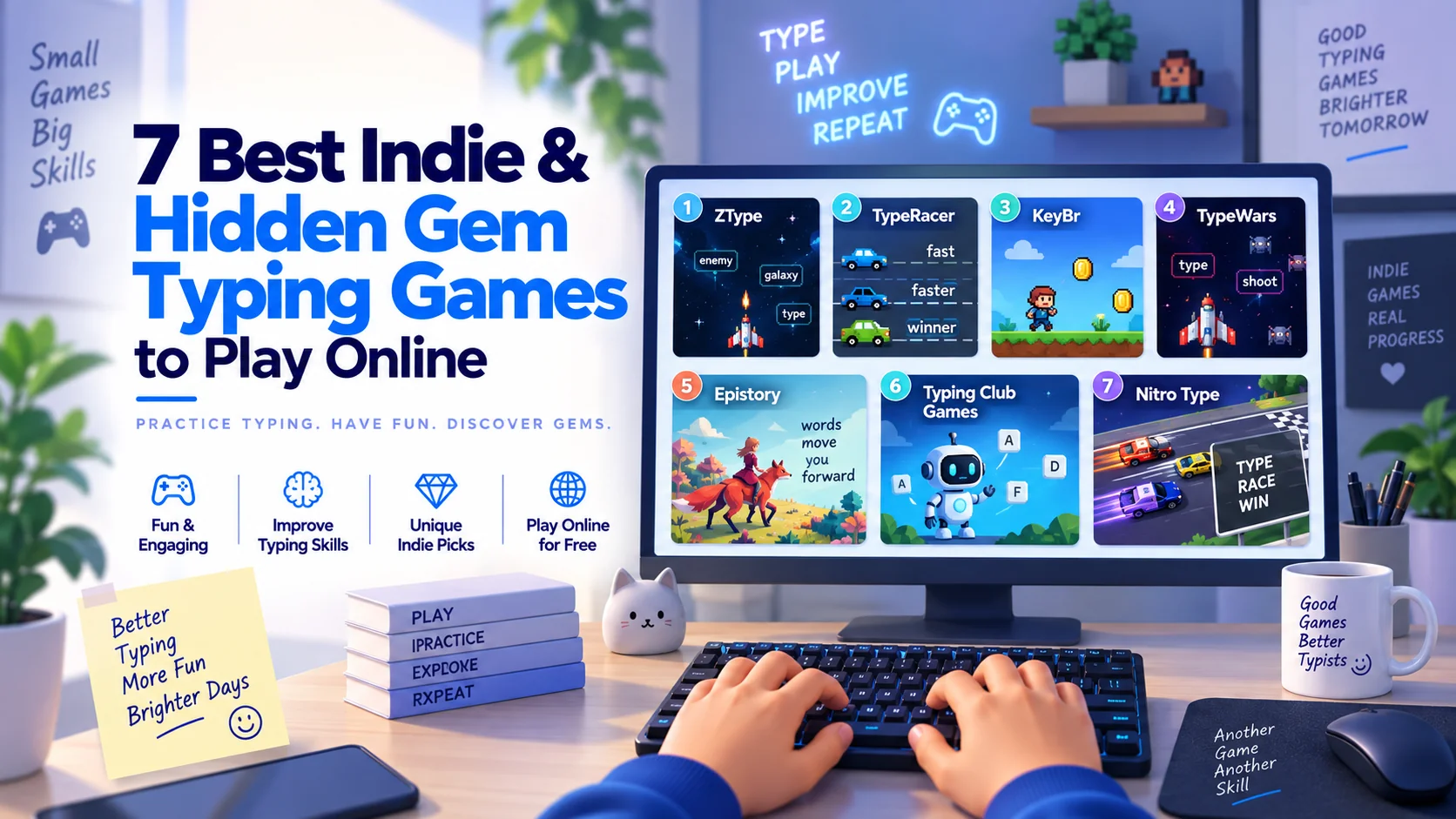 Showcase of indie and hidden gem browser typing games featuring arcade combat, retro typewriter aesthetics, and cozy lo-fi gameplay.
