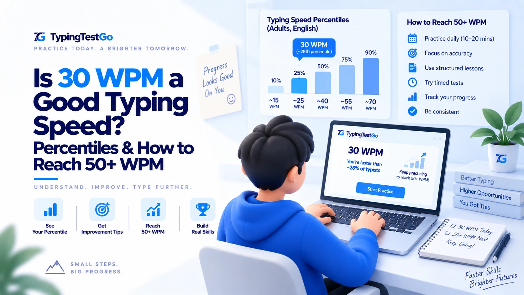 Is 30 WPM a good typing speed infographic featuring adult WPM percentiles chart and step-by-step roadmap to reach 50+ WPM.