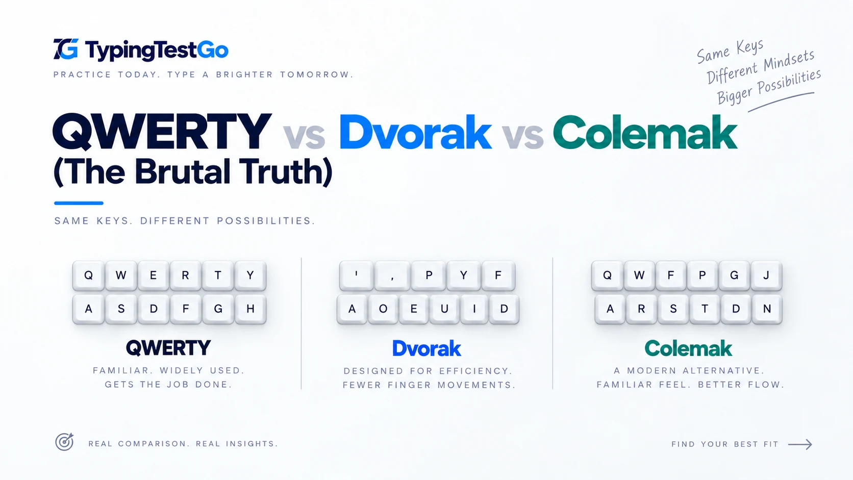 Side-by-side keyboard layout comparison diagram highlighting finger travel and heatmaps across QWERTY, Dvorak, and Colemak.