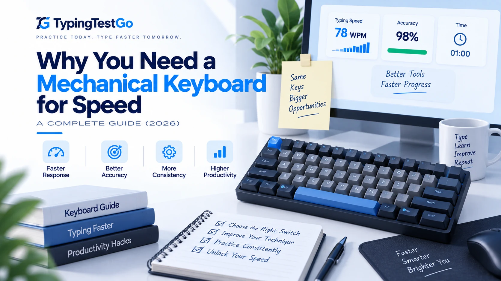 Mechanical keyboard with illuminated tactile switches, low-latency actuation diagram, and speed performance gauges.