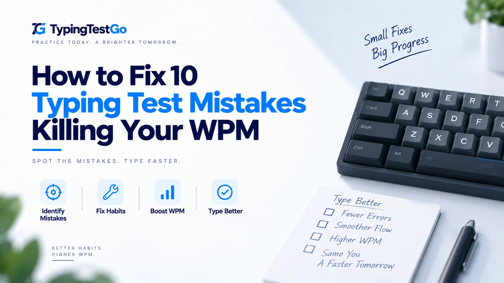 A mechanical keyboard alongside a typing habit checklist highlighting fixes for 10 common typing test mistakes.
