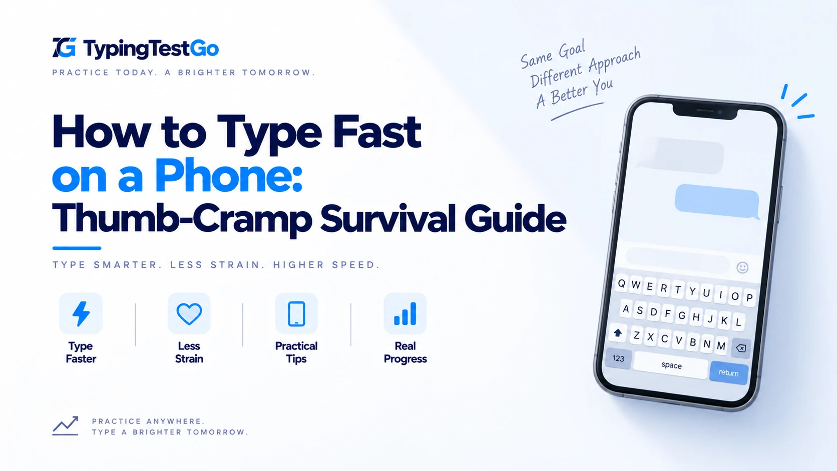 Infographic guide to fast mobile typing and ergonomics, comparing two-thumb typing, swipe gestures, and voice dictation without thumb strain.