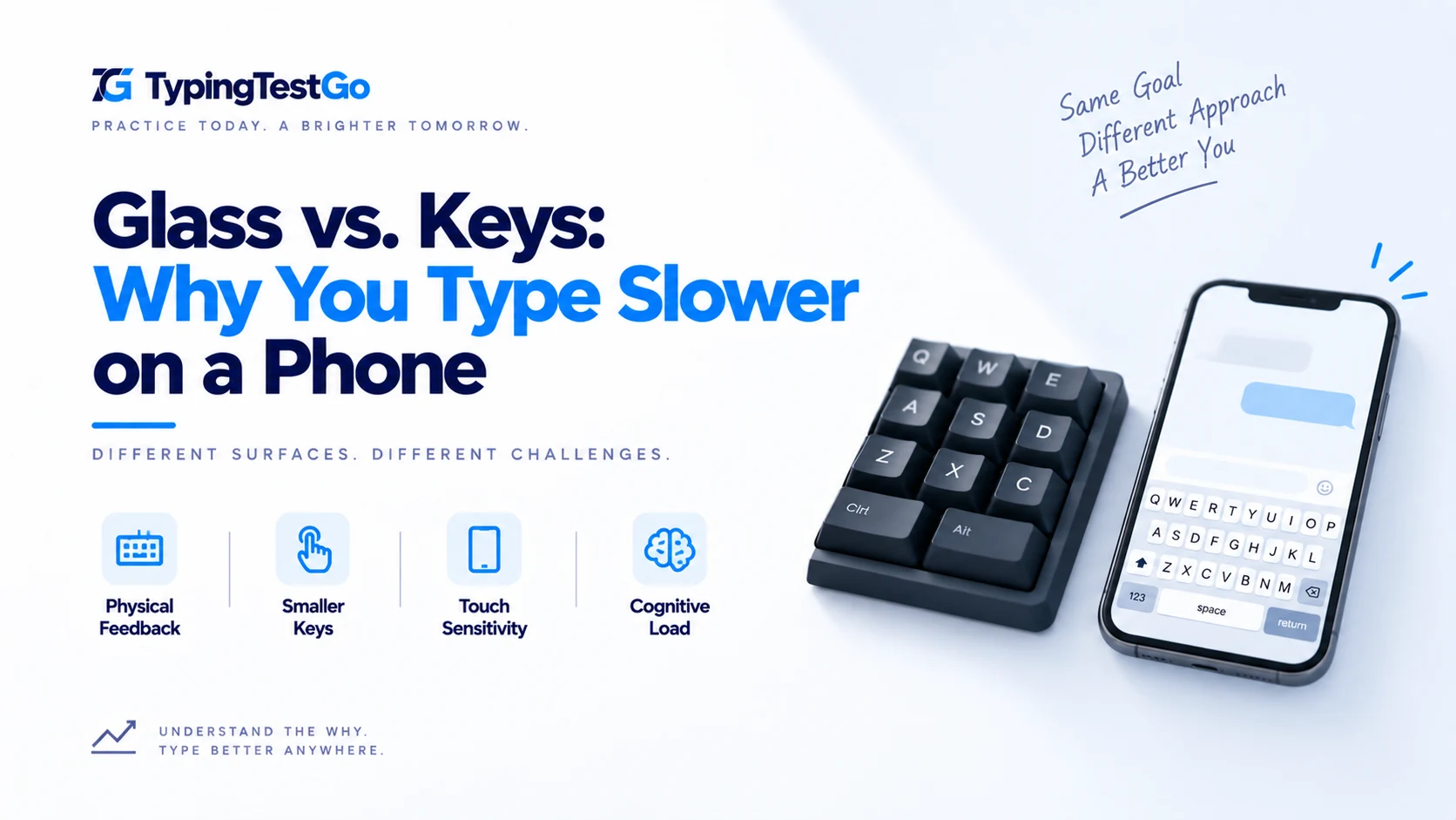 Side-by-side comparison between smartphone touchscreen glass and physical keyboard keys illustrating latency, tactile feedback, and typing speed caps.