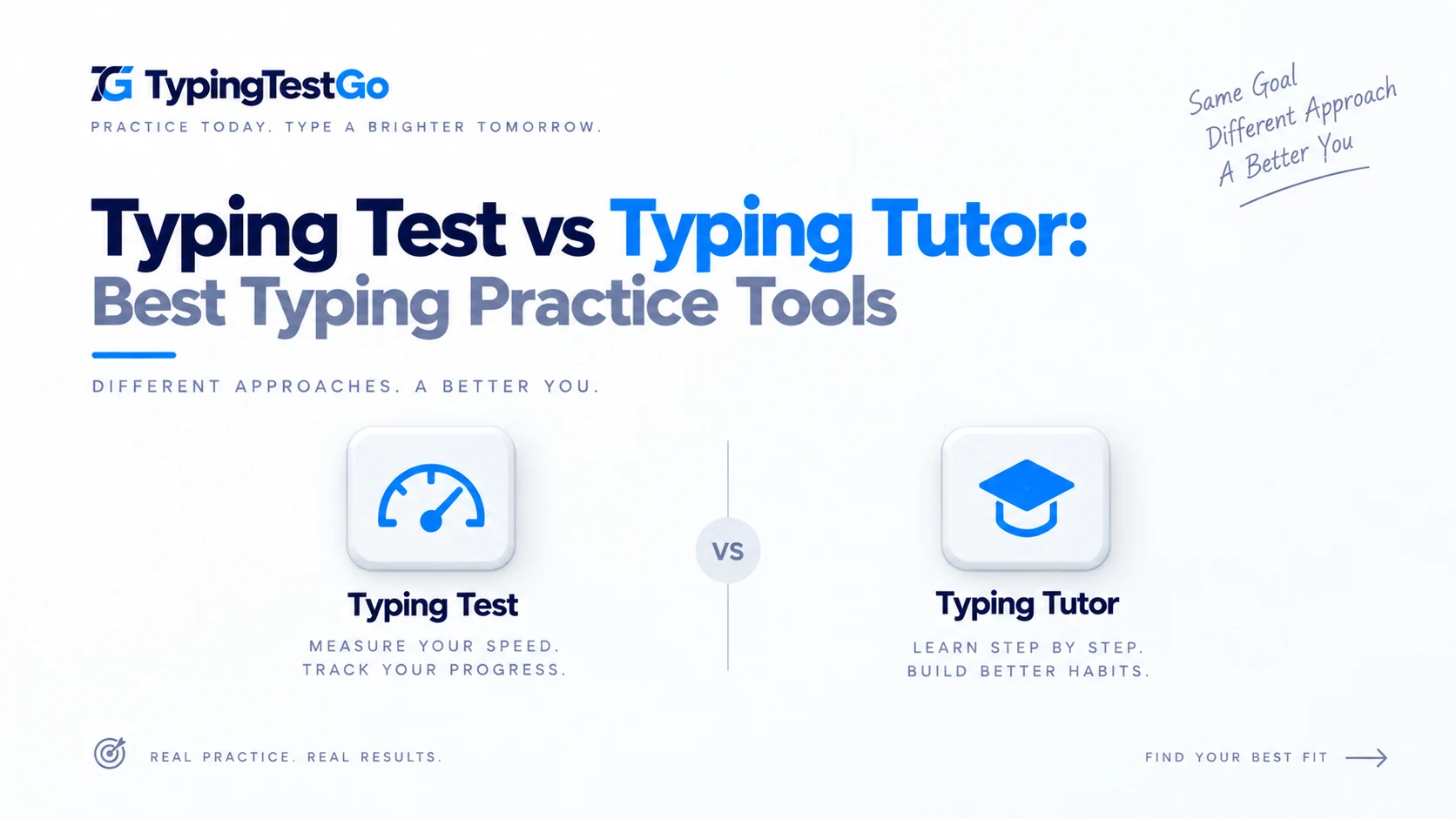 Typing test vs typing tutor comparison graphic displaying progress tracking vs structured lessons.