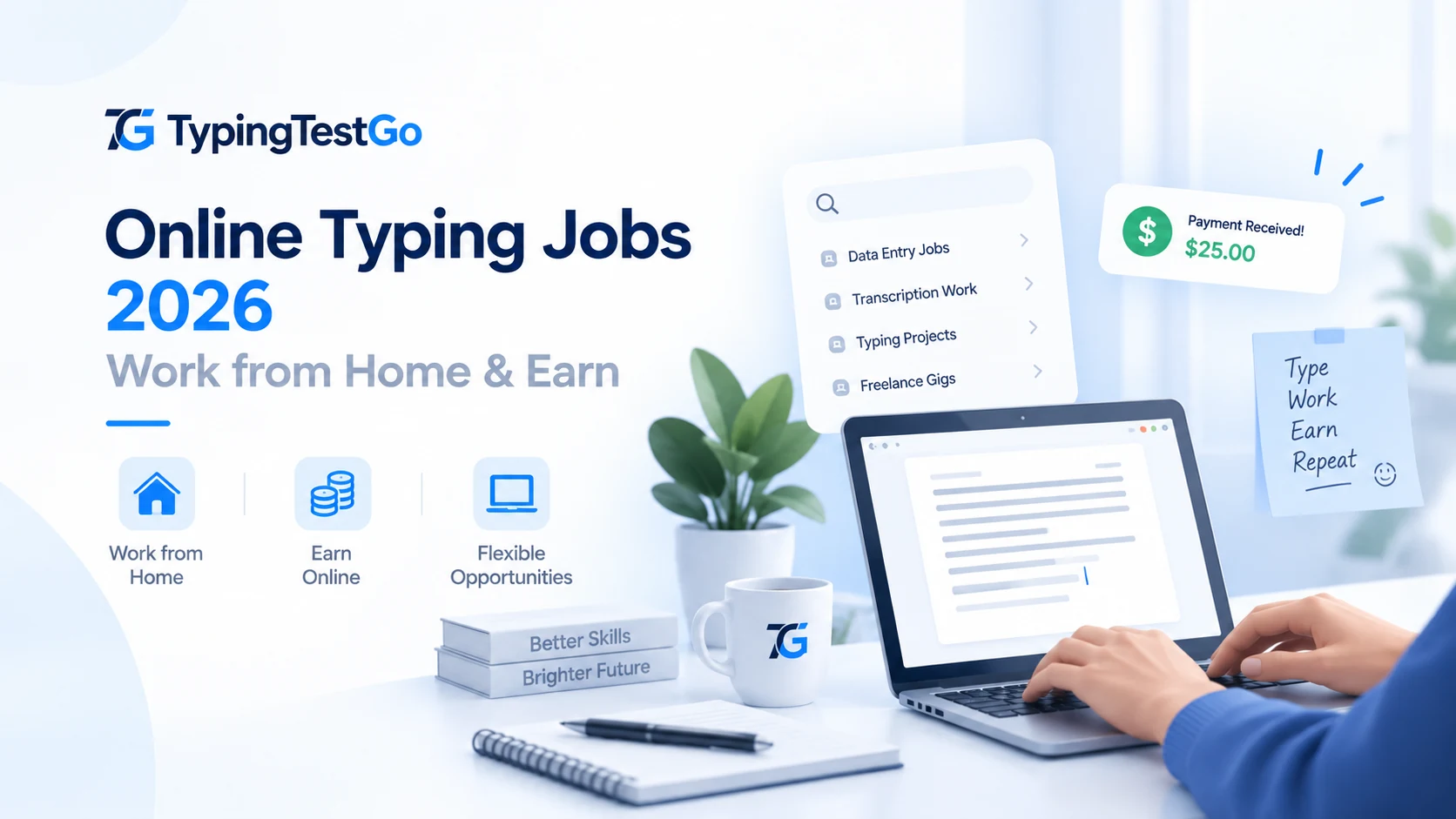 A modern work-from-home desk with a laptop displaying online typing jobs, freelance opportunities, and payment notifications.