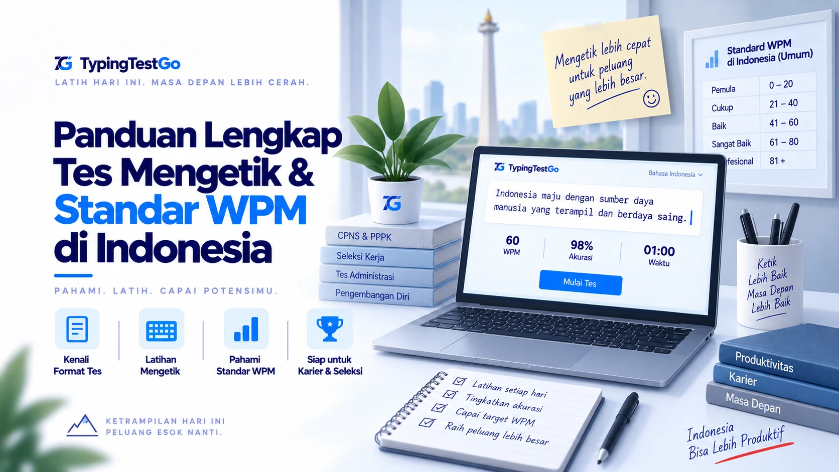 Panduan lengkap tes mengetik dan standar WPM di Indonesia untuk seleksi CPNS, PPPK, dan tes administrasi kerja.