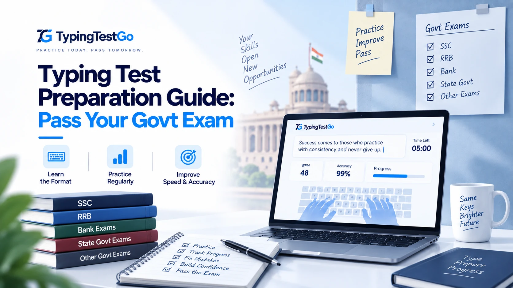 Typing test preparation guide workspace featuring a 4-week structured study calendar, checklist, and practice test.