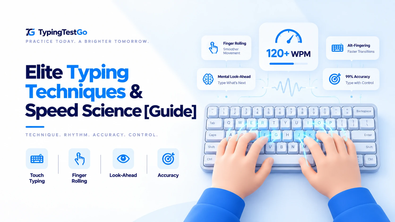 Elite typing techniques and speed science infographic illustrating finger rolling, alt-fingering, mental look-ahead buffer, and 120+ WPM accuracy control.