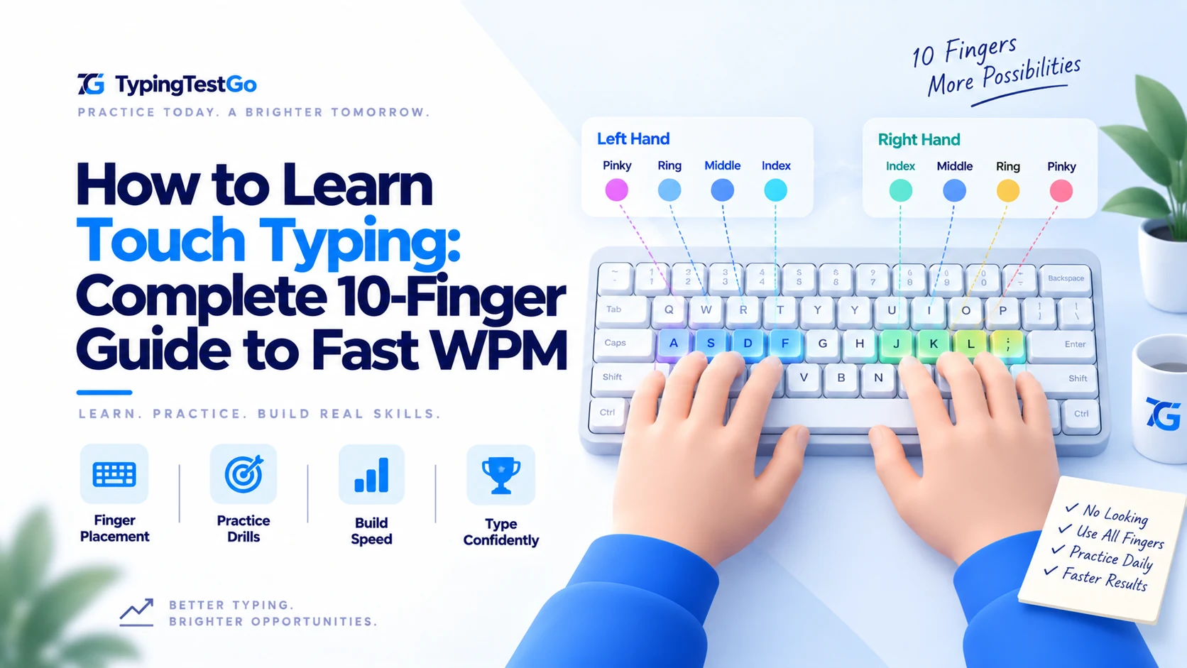 Complete 10-finger touch typing guide infographic mapping home row finger placement across left and right hands for fast WPM without looking.