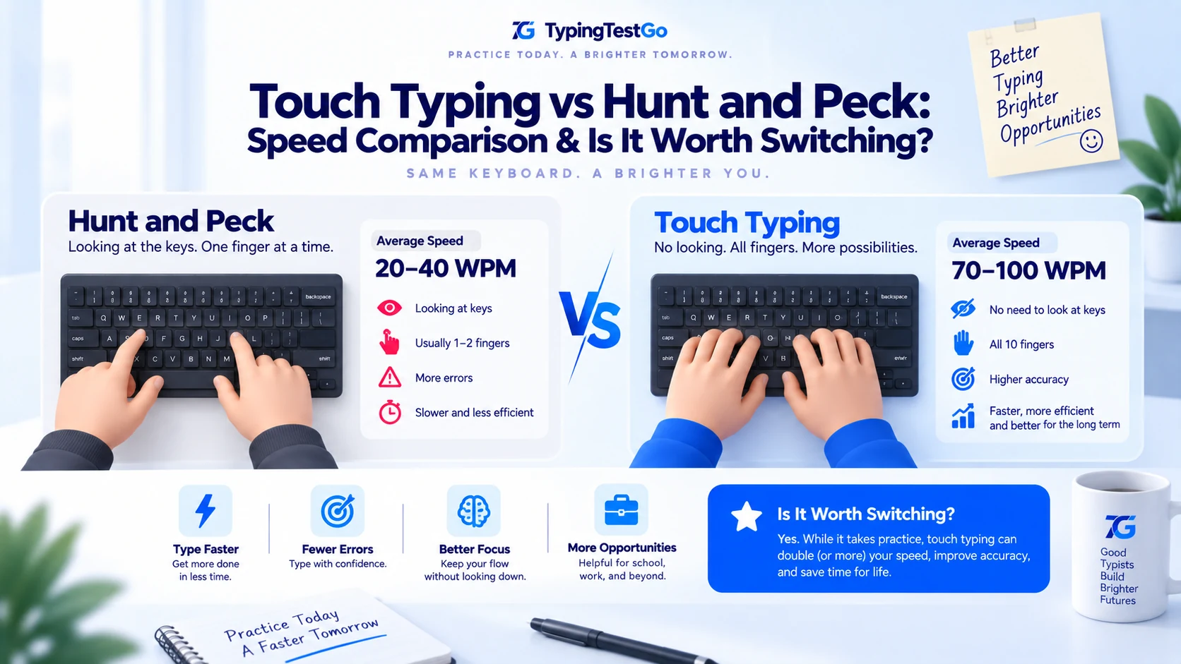 Side-by-side comparison between touch typing (70-100 WPM) and hunt-and-peck typing (20-40 WPM) highlighting speed, focus, and efficiency advantages.