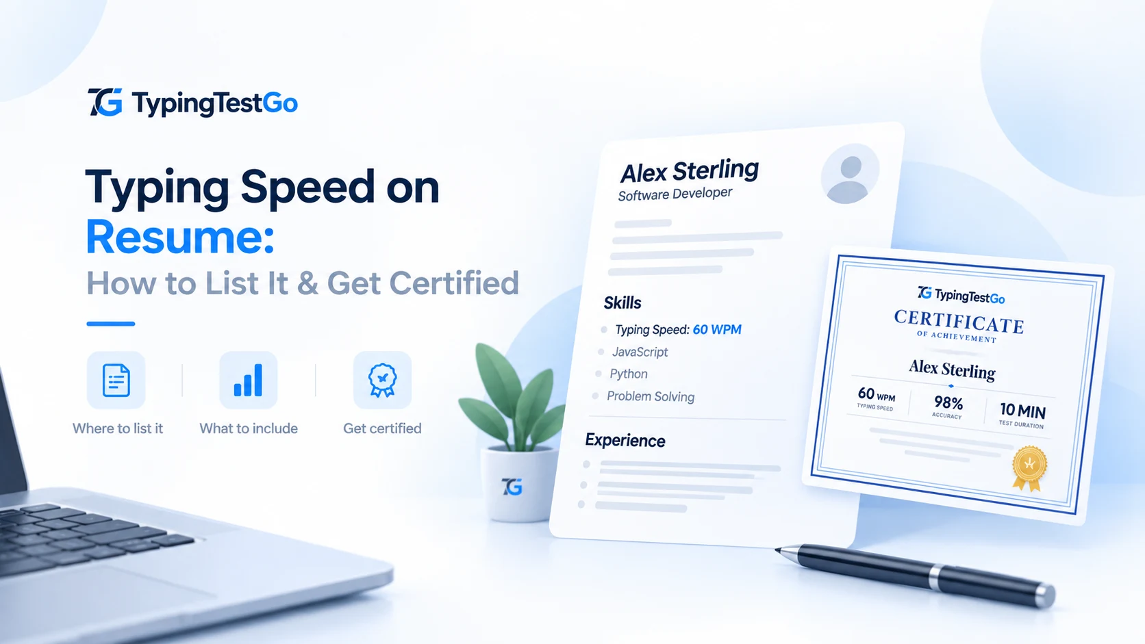 A professional software developer resume showing typing speed skills alongside a verified TypingTestGo certificate.
