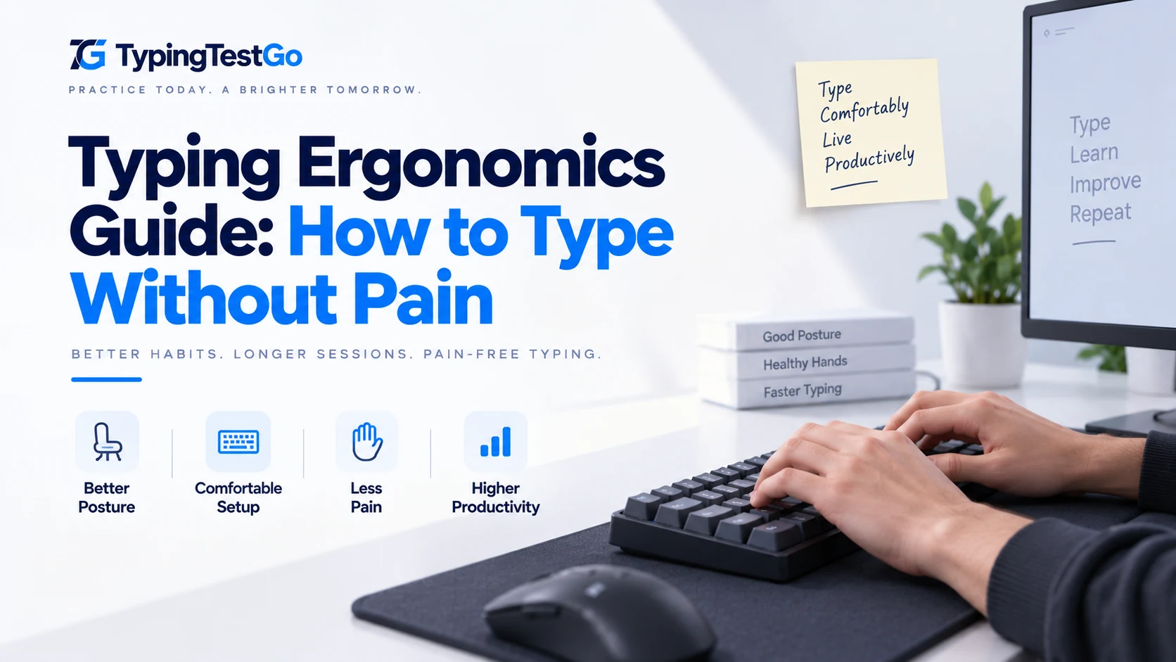 An ergonomic typing workstation featuring a split keyboard, padded wrist support, and neutral wrist posture diagrams.