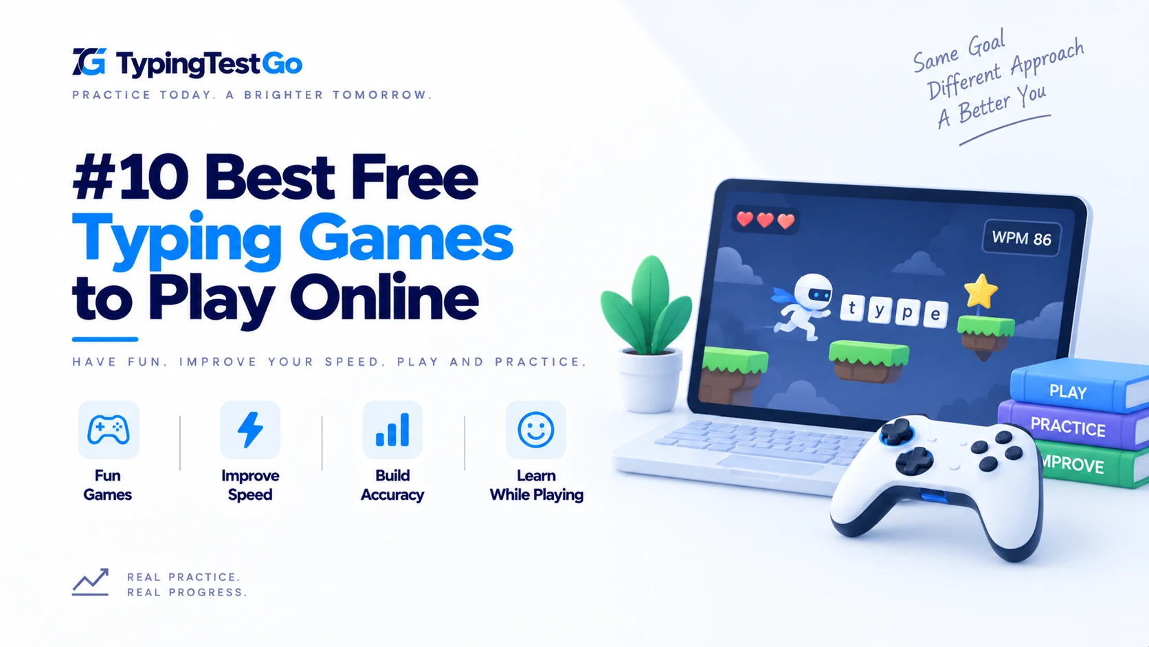 Top 10 best free online typing games graphic featuring a laptop running platformer typing challenges with gamepad, books, and practice metrics.