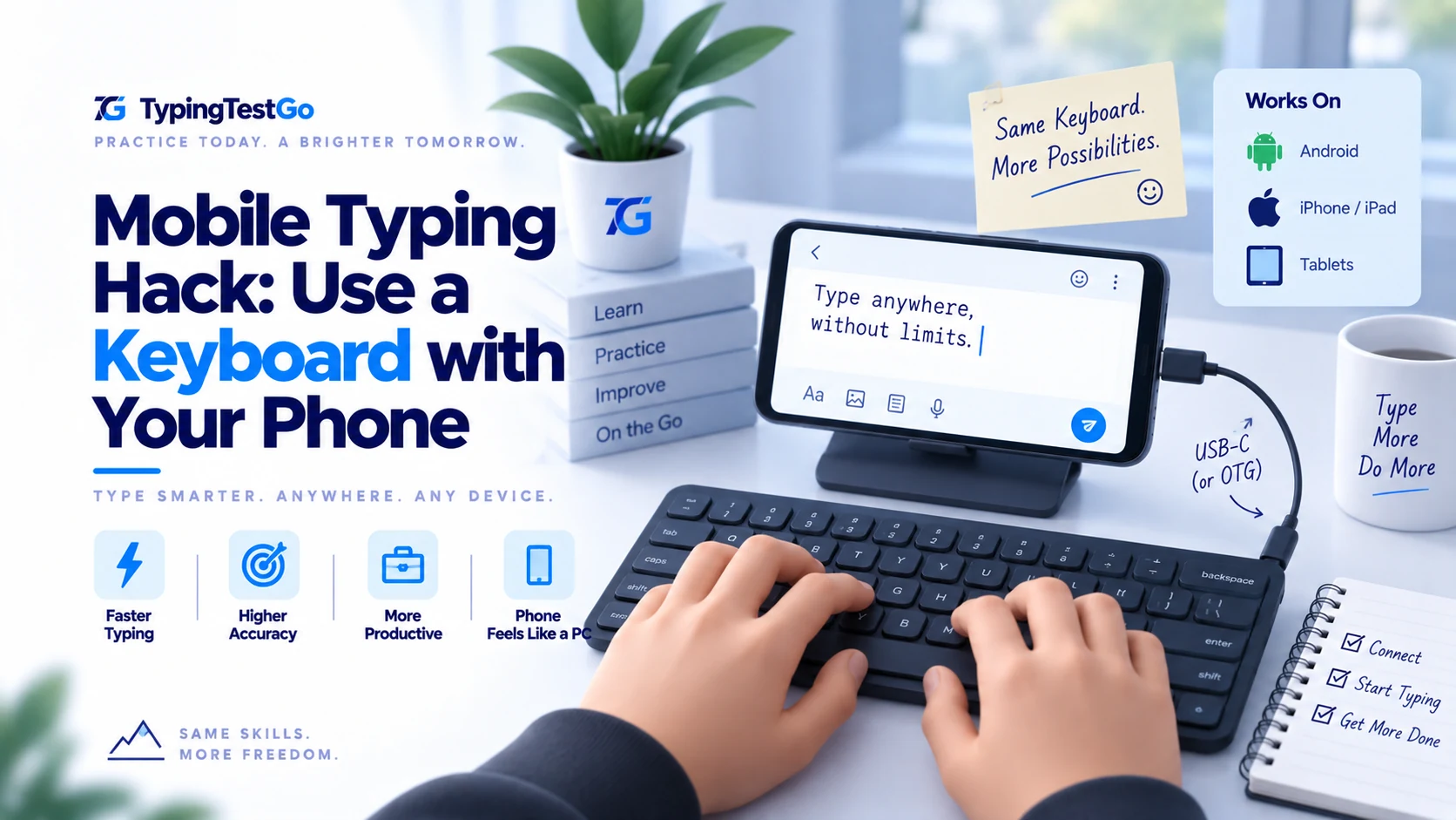 Mobile typing hack infographic demonstrating how to connect an external keyboard to a smartphone via USB-C or OTG adapter for budget typing practice.