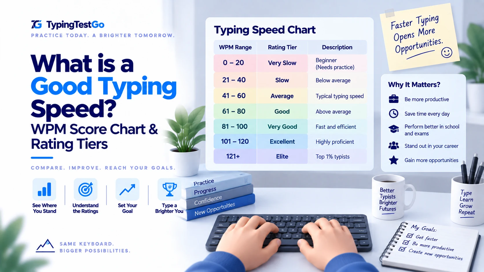 WPM score chart and rating tiers infographic classifying typing speeds from beginner (0-20 WPM) to elite (121+ WPM) with career impact insights.