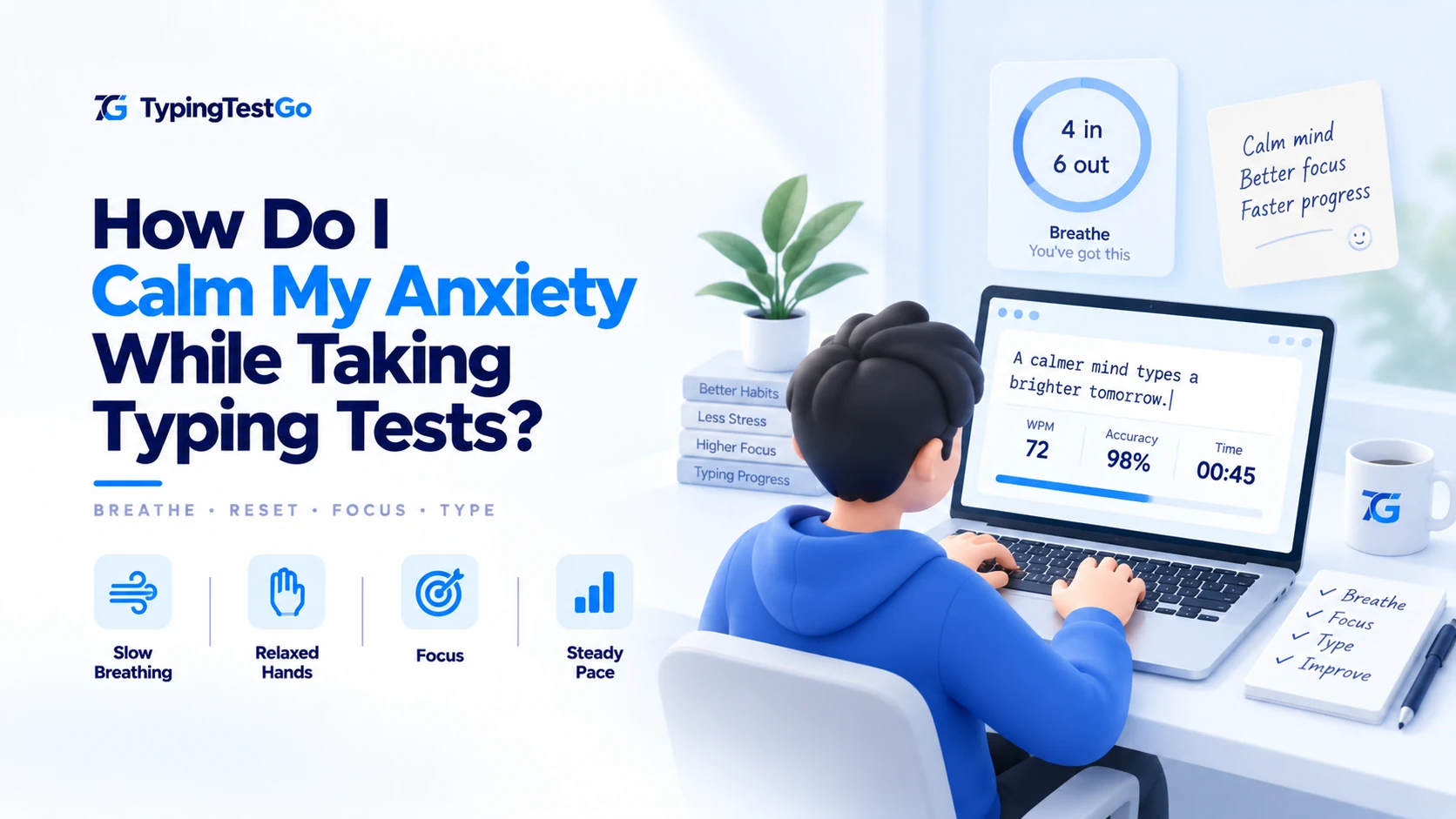 Typing test anxiety survival guide infographic showing slow breathing exercises (4 in, 6 out), relaxed hand posture, and focus techniques.